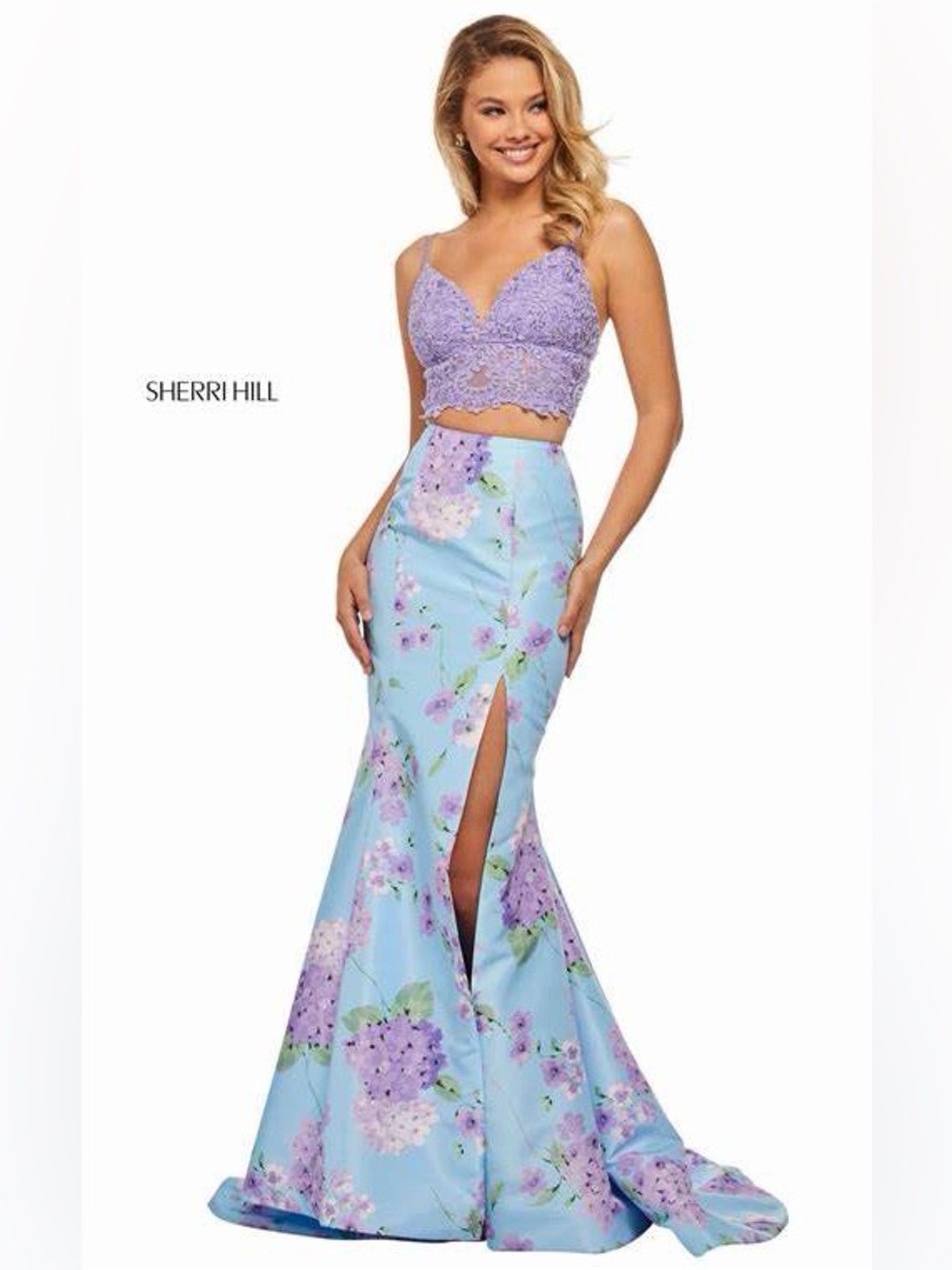 Sherri Hill Lavender Lace Crop Top with Sky Blue Floral Mermaid Skirt